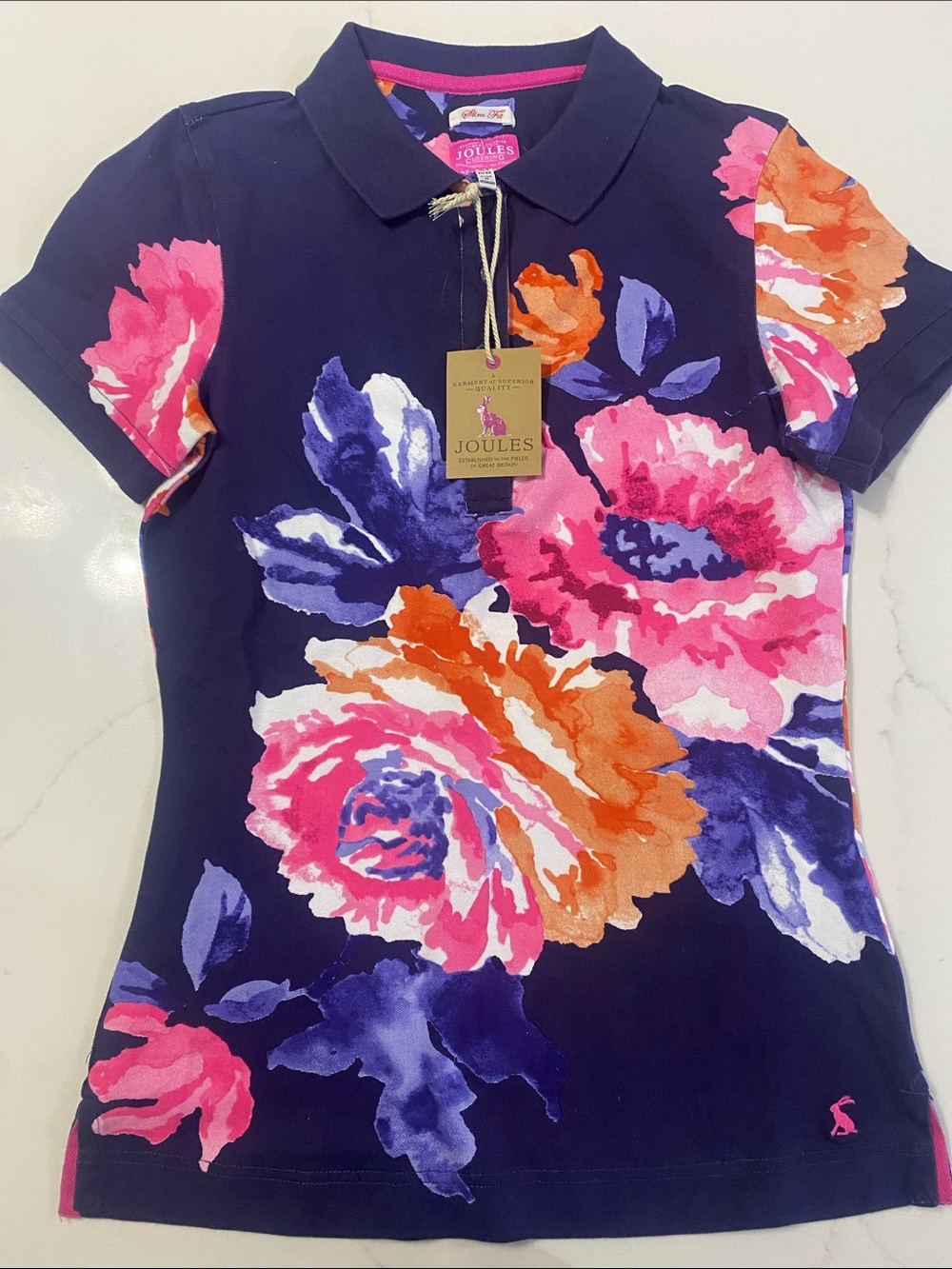 Joules Navy Floral Polo Slim Fit Top with Pink & Orange Blooms WOMANS SZ 4 or Sm